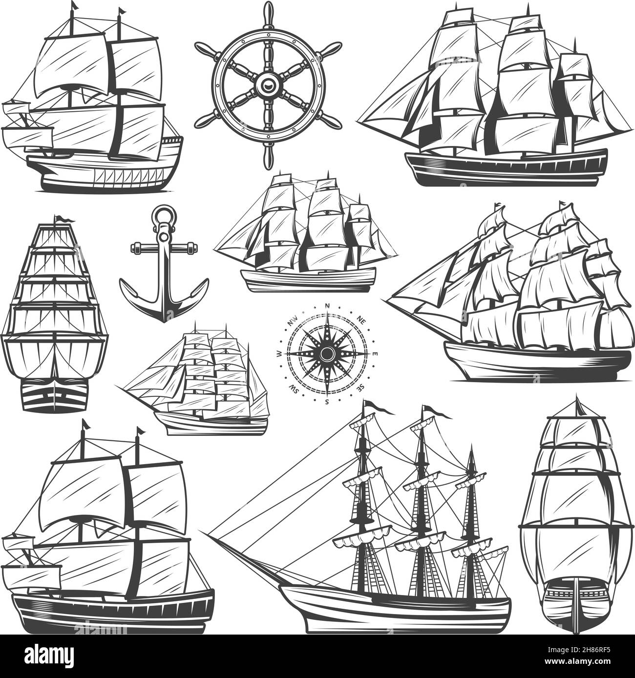 Vintage big ships collection with different vessels boats steering wheel anchor and navigational compass isolated vector illustration Stock Vector