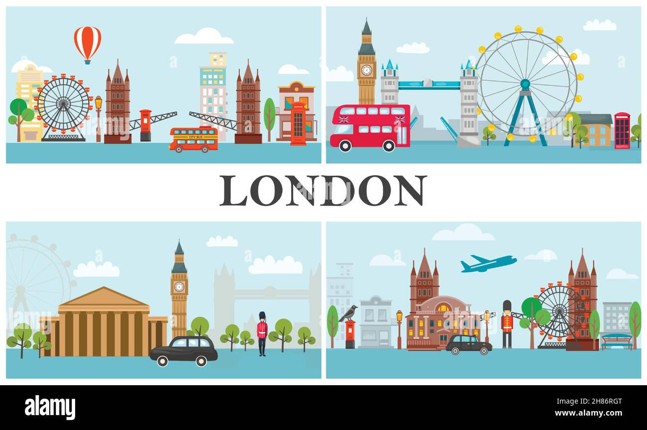 Travel To London composition with transport british royal guards famous landmarks and attractions in flat style vector illustration Stock Vector