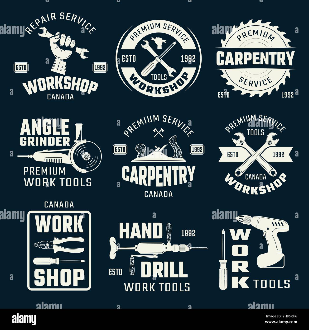 Work tools monochrome emblems with typographic letterings and carpentry instruments on black background isolated vector illustration Stock Vector