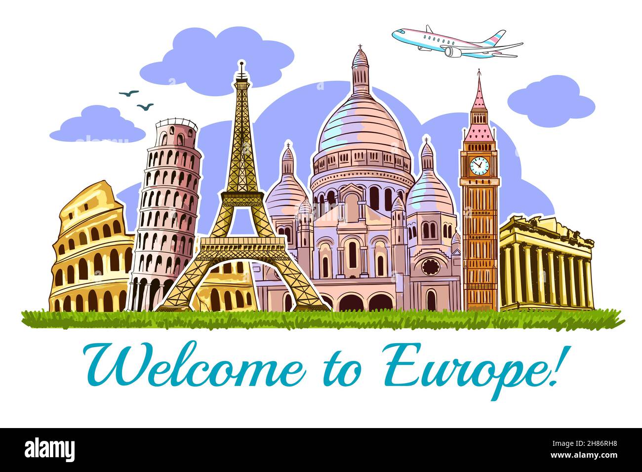 Colored europe buildings travel poster with building of  the main attractions of Europe vector illustration Stock Vector