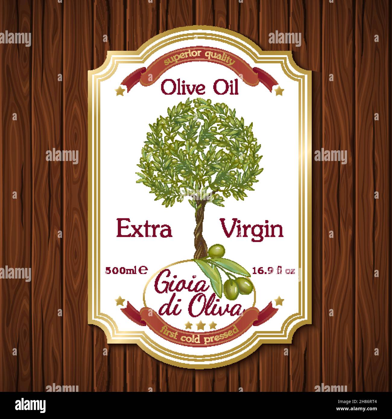 Extra virgin olive oil label with plants branches image on dark brown ...