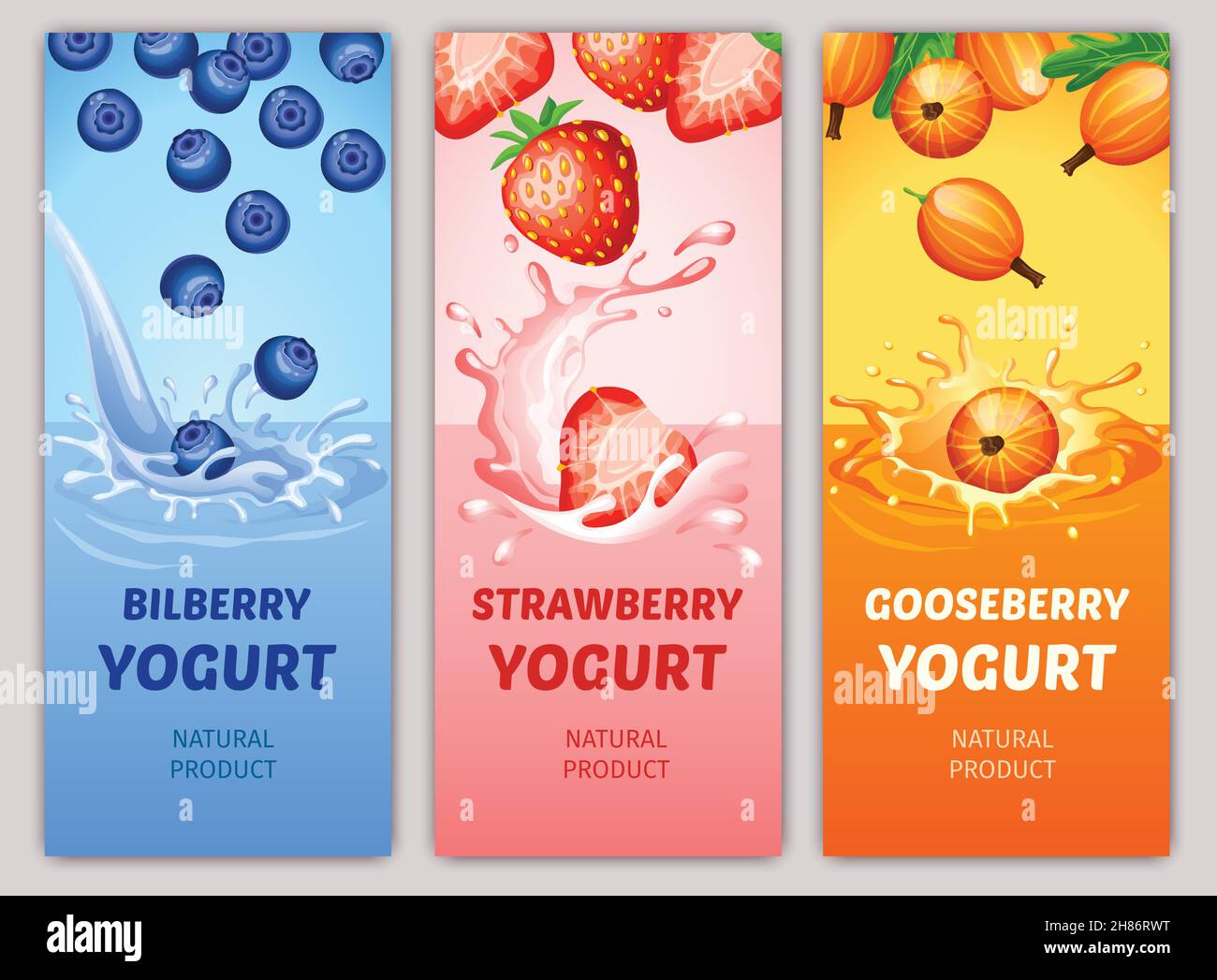 Cartoon natural milky products vertical banners with bilberry strawberry and gooseberry falling into milk splashes vector illustration Stock Vector