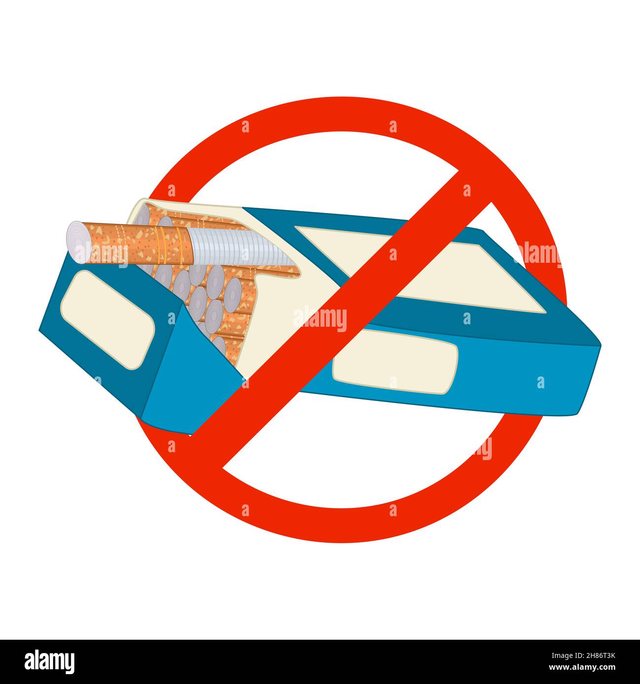 Pack of cigarettes under prohibition sign isolated on white background. No Smoking Day. Smoking harm concept. Stop smoke icon. Crossed pack of cigaret Stock Vector