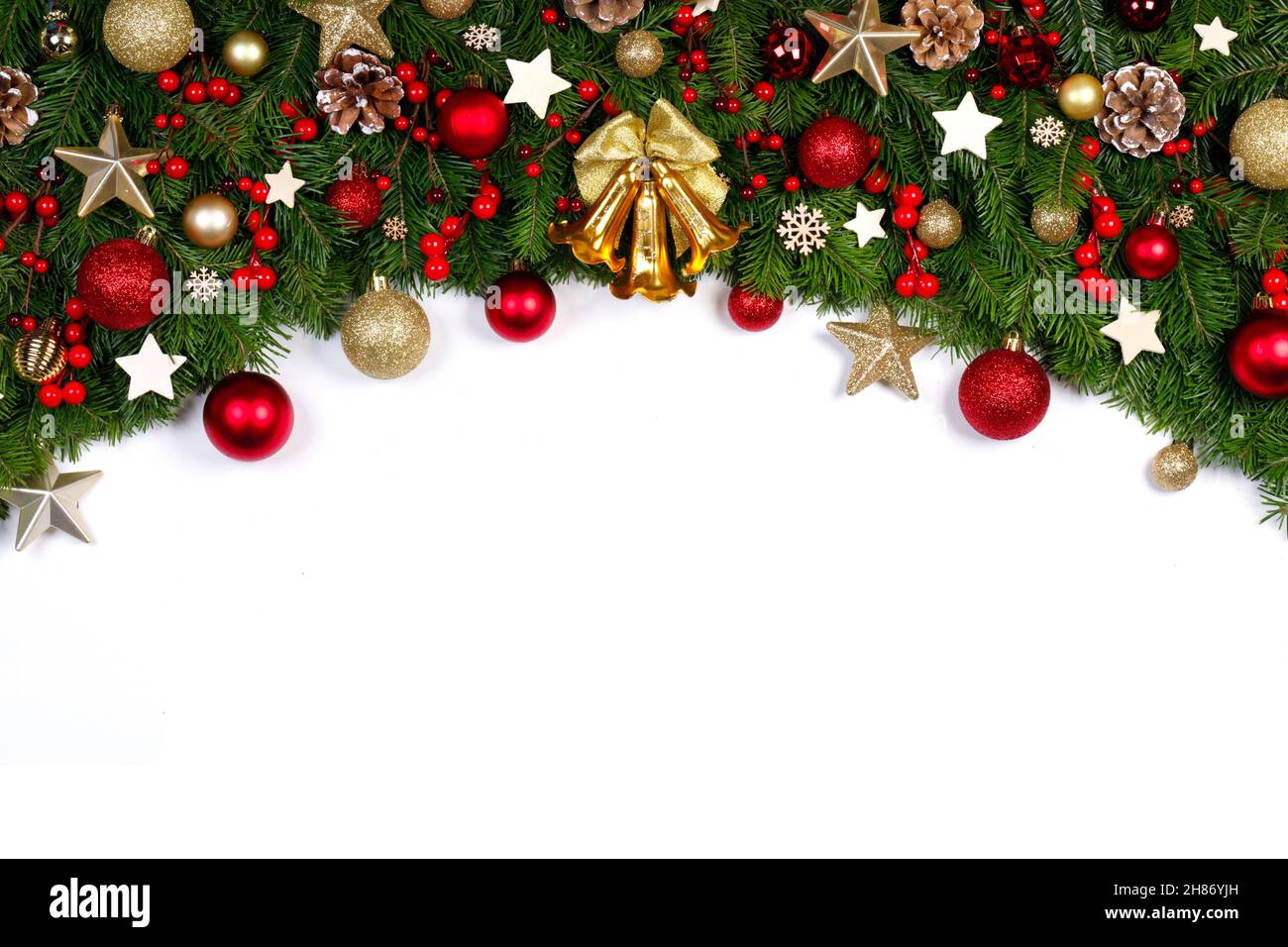 Christmas Border frame of fir tree branches on white background with ...