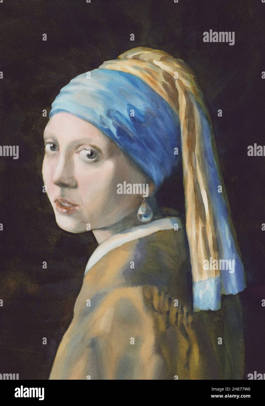 A girl with a pearl earring watercolor copy Stock Photo
