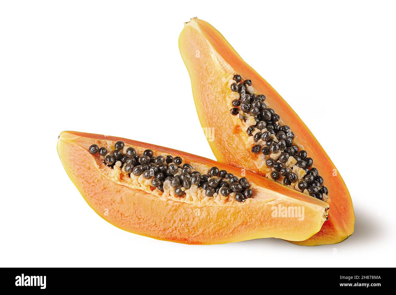 Two quarters of ripe papaya one after another isolated on white background Stock Photo