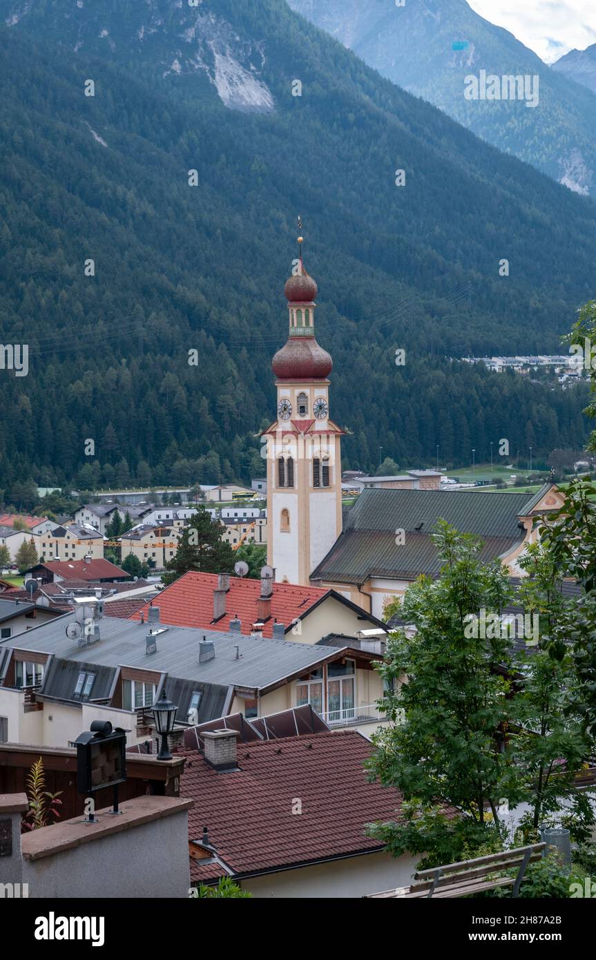 Fulpmes Church Tower. Fulpmes im Stubaital, Tyrol, Austria Stock Photo