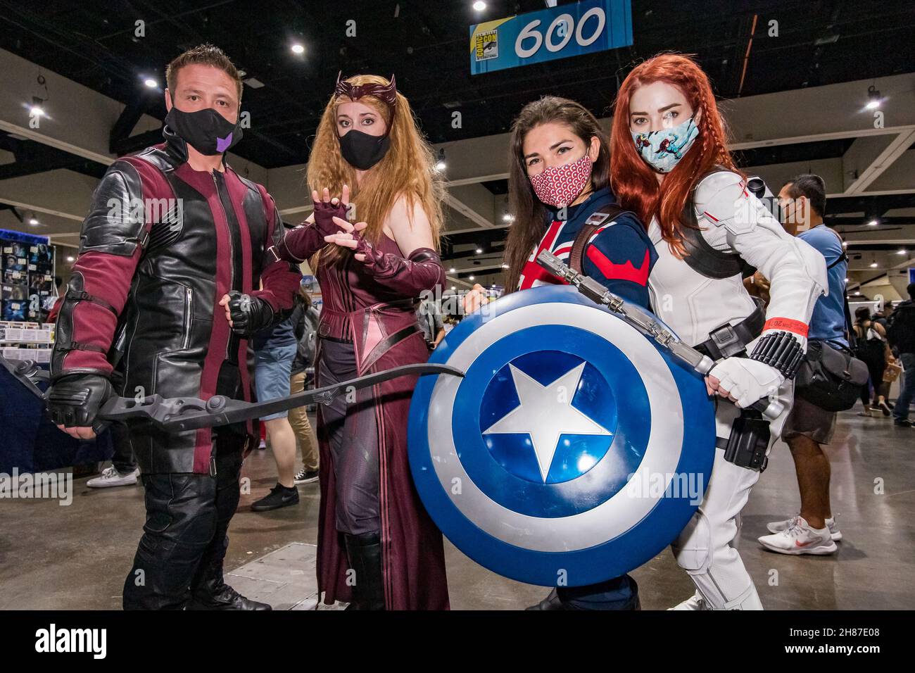 November 27, 2021: Marvel Hawkeye, Scarlett Witch, Captain Britain,  Black Widow (L-R) Cosplay at San Diego Comic-con International Special Edition on Saturday November 27, 2021 in San Diego, California. (Credit Image: © Marissa Carter/ZUMA Press Wire) Stock Photo