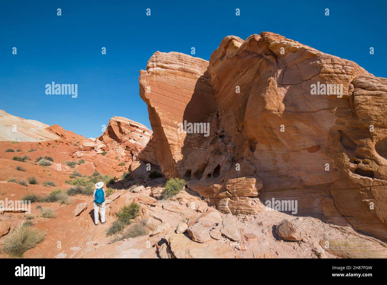 Valley of Fire State Park, Nevada, USA. Hiker on the Fire Wave Trail looking up in awe at overhanging sandstone outcrop. Stock Photo