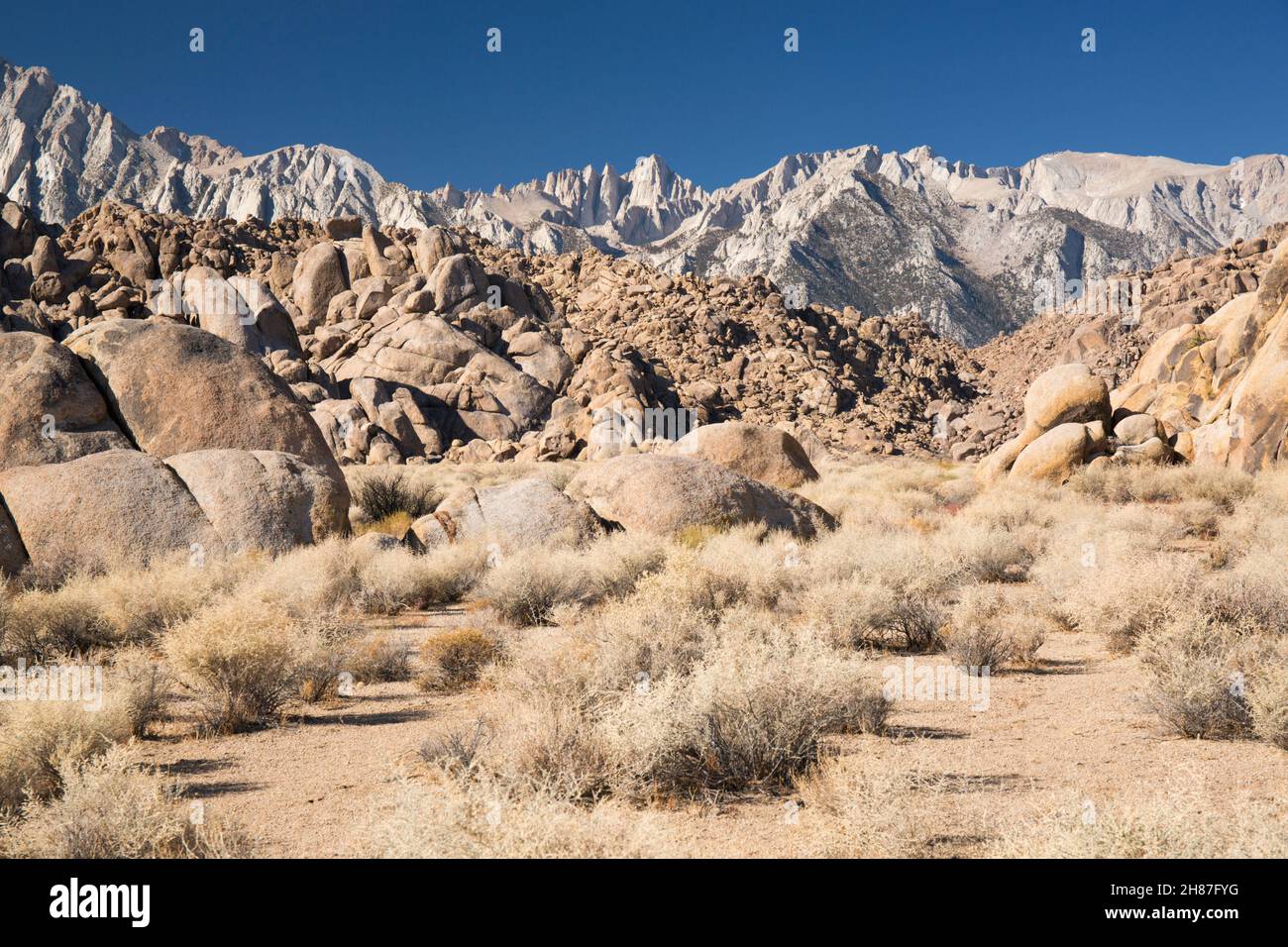 Alabama Hills National Scenic Area, Lone Pine, California, USA. View across rocky desert landscape to Mount Whitney and the Sierra Nevada. Stock Photo