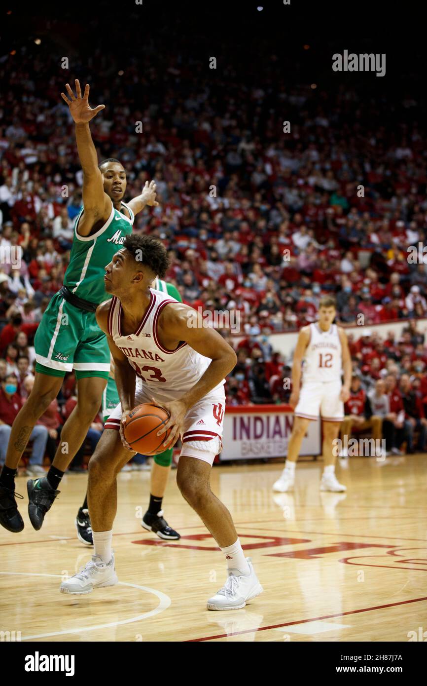 Bloomington, United States. 27th Nov, 2021. Indiana Hoosiers forward Trayce Jackson-Davis (23) plays against Marshall during an NCAA basketball game in Bloomington, Ind