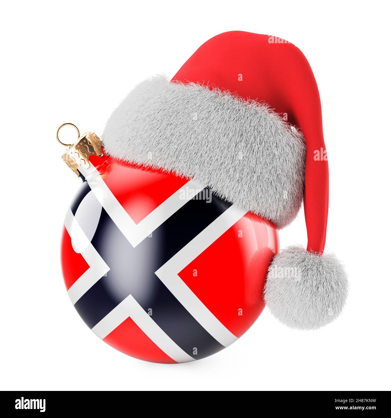 Christmas ball with Norwegian flag and Santa Claus hat. Christmas and New Year in Norway, concept. 3D rendering isolated on white background Stock Photo