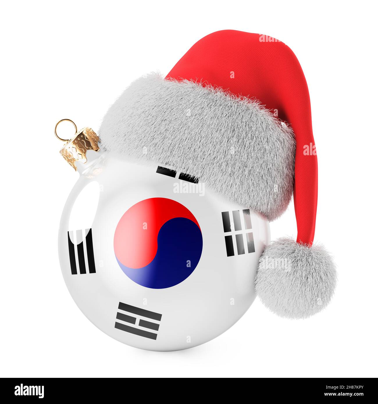 Christmas ball with South Korean flag and Santa Claus hat. Christmas
