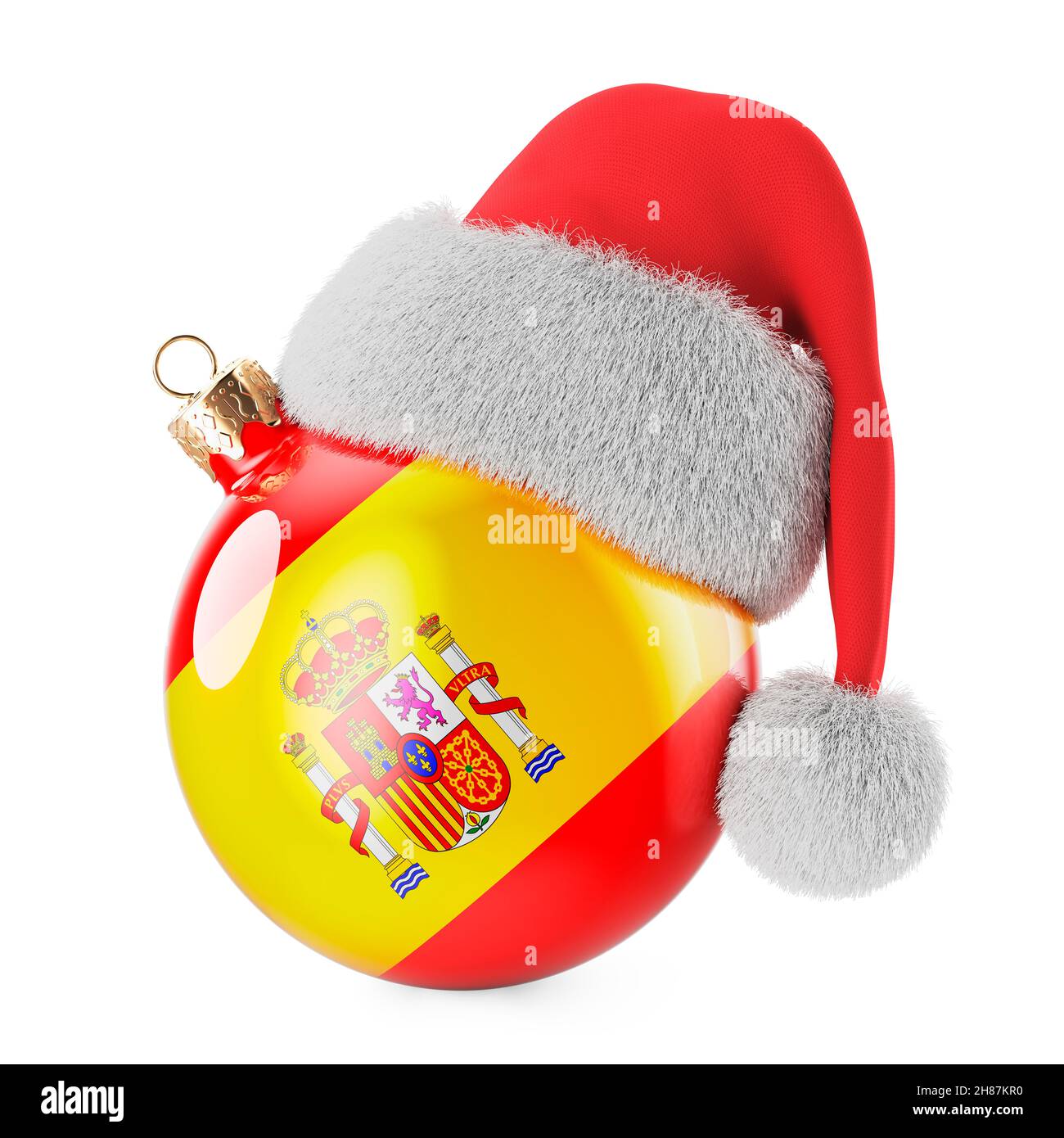 Christmas ball with Spanish flag and Santa Claus hat. Christmas and New Year in Spain, concept. 3D rendering isolated on white background Stock Photo