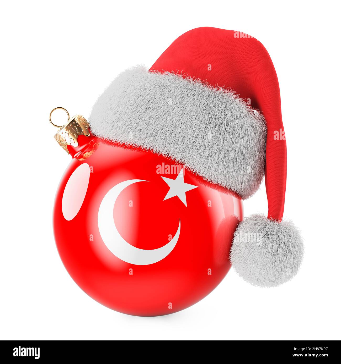 Christmas ball with Turkish flag and Santa Claus hat. Christmas and New Christmas Turkish