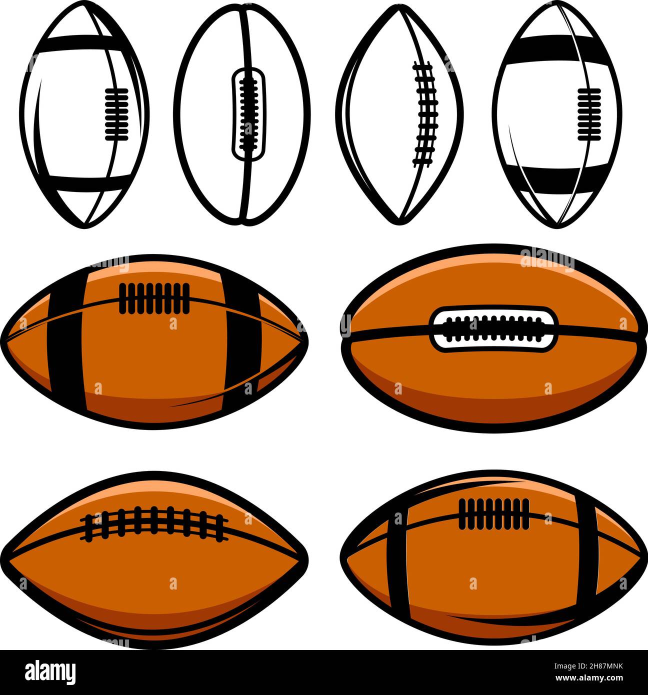 Set of Illustrations of rugby balls in vintage monochrome style. Design element for logo, label, sign, emblem, poster. Vector illustration Stock Vector