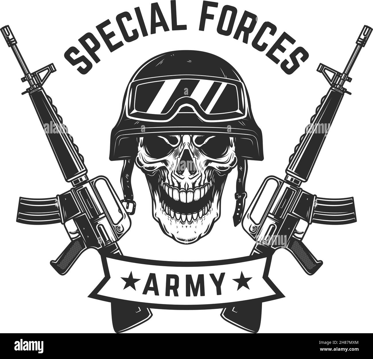 Special forces. Crossed assault rifles with soldier skull in military helmet. Design element for logo, label, sign, emblem. Vector illustration Stock Vector