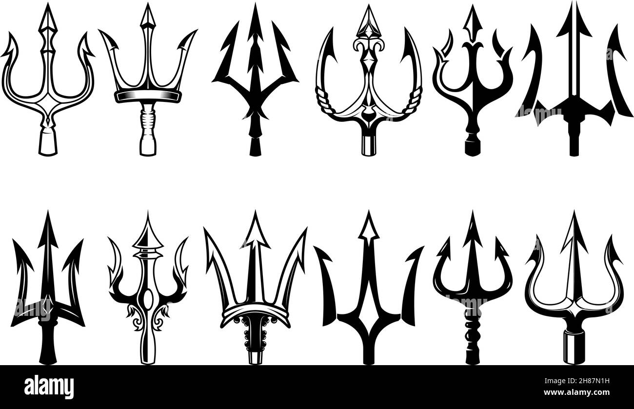 Set of illustrations of trident. Neptune trident. Design element for logo, label, sign, poster. Vector illustration Stock Vector