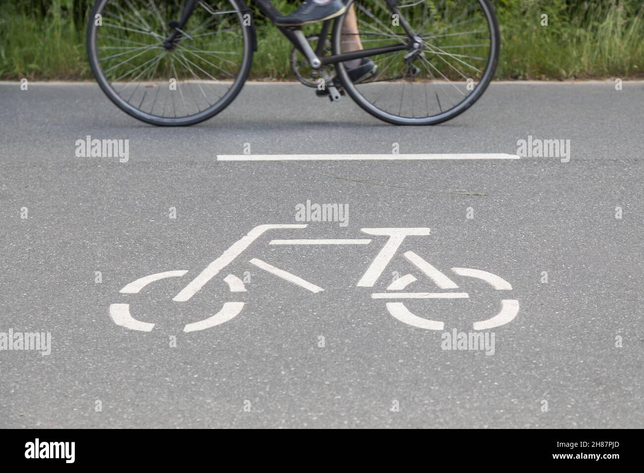 Cyclist passes pictogram on bicycle road Stock Photo