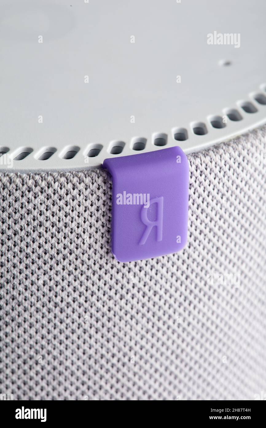 Smart speaker Yandex mini. Close up Stock Photo