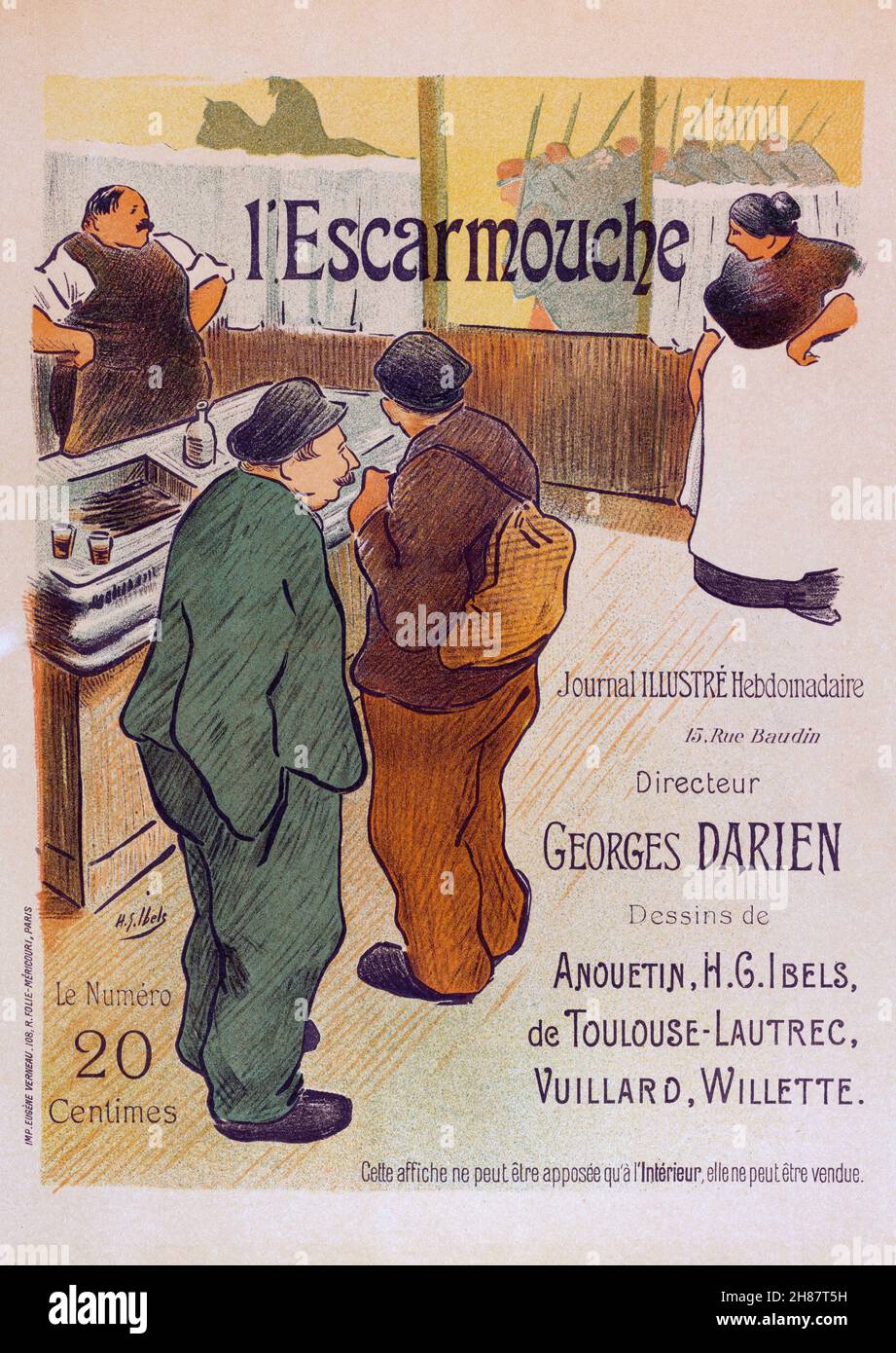 advertising poster for first issue of french weekly anarchic Journal „L’Escarmouche“ by Henri-Gabriel Ibels, 1893 showing patrons in ordinary workers clothes having a small wine and watching soldiers march by Stock Photo