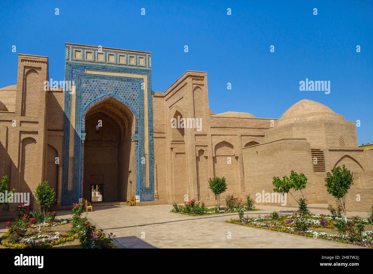 Sultan Saodat, a historical architectural complex from the medieval mausoleums of the 10-17 centuries. Iwan with patterns is the main entrance. Shot i Stock Photo
