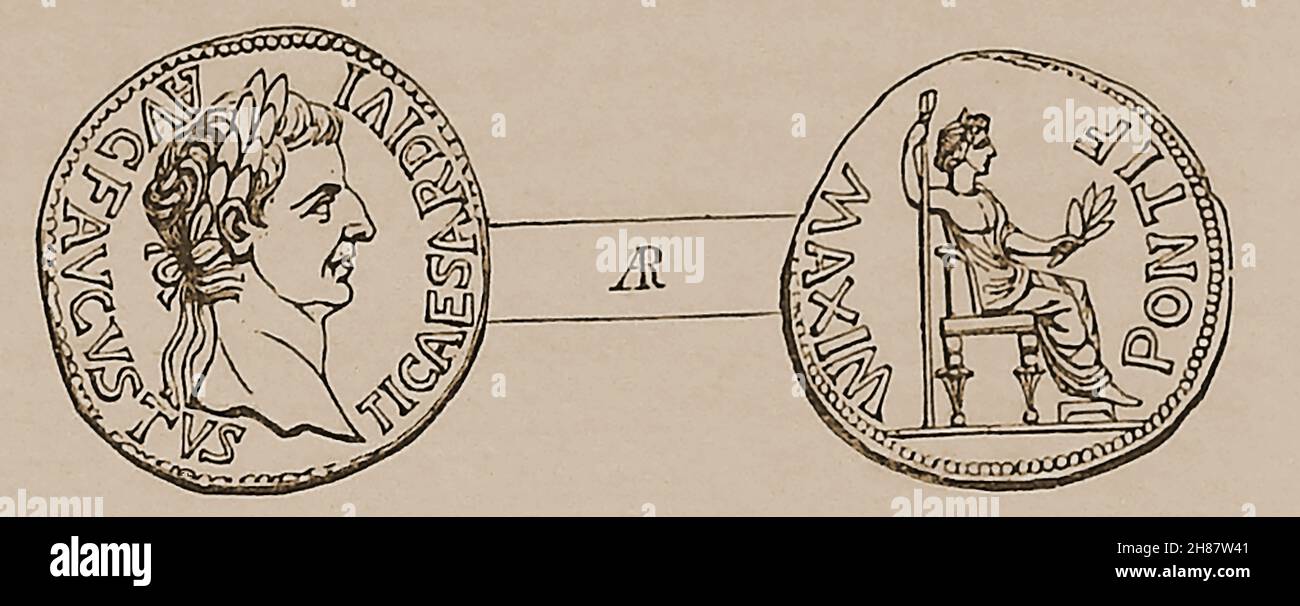 NUMISMATICS - A 19th century sketch of both sides of a silver  Denarius  coin of the reign of  Tiberius Caesar , commonly known as the “Tribute Penny,”. Tiberius ruled over the Roman Empire when Jesus was crucified. he succeeded  his step-father,. Emperor Augustus.  This silver denarius was the daily wage for ordinary  Roman soldiers and labourers at the time . Its modern    meltdown value is around  £2 / $3. Stock Photo