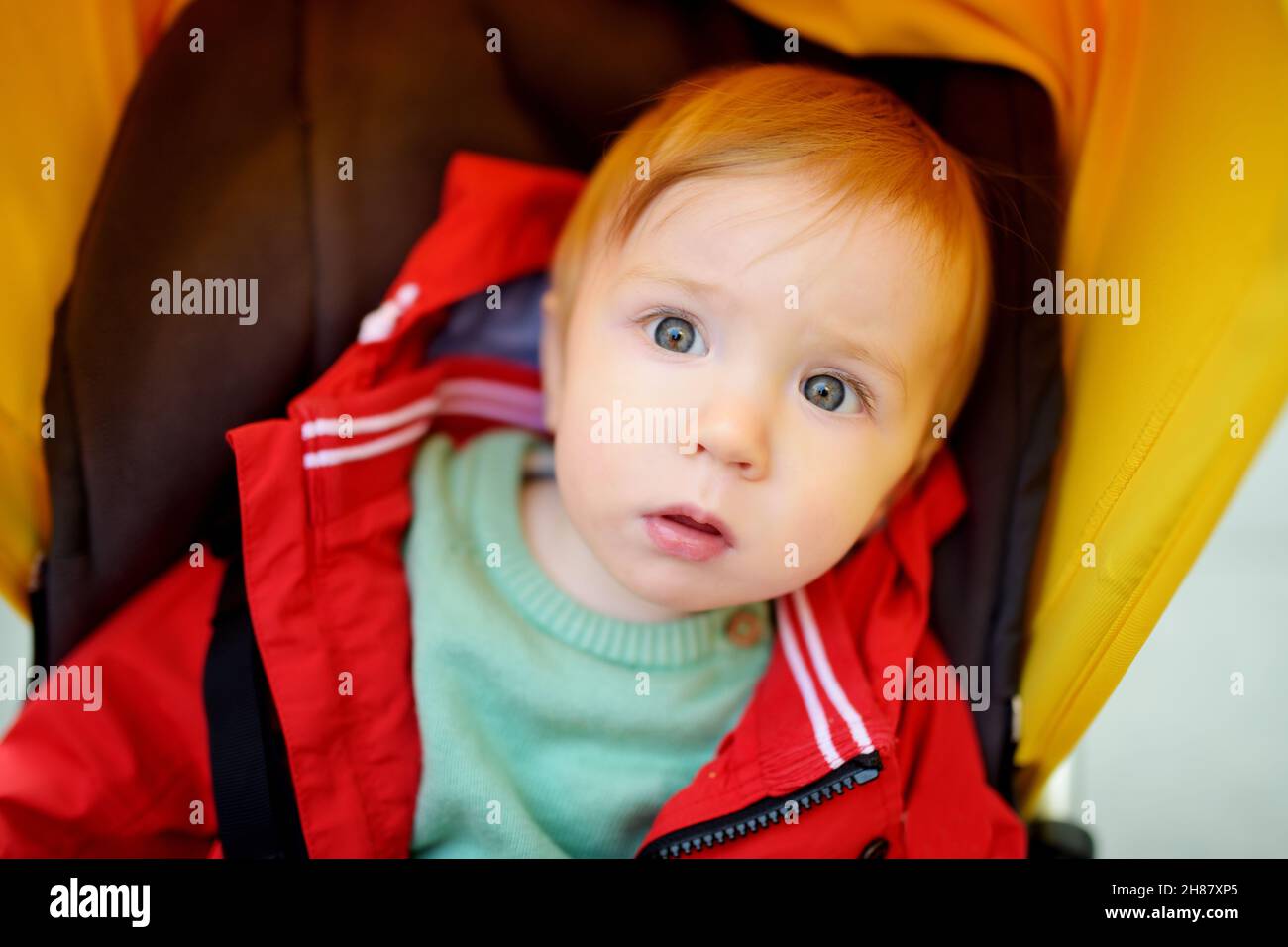 Sweet baby boy wearing red jacket sitting in a stroller outdoors