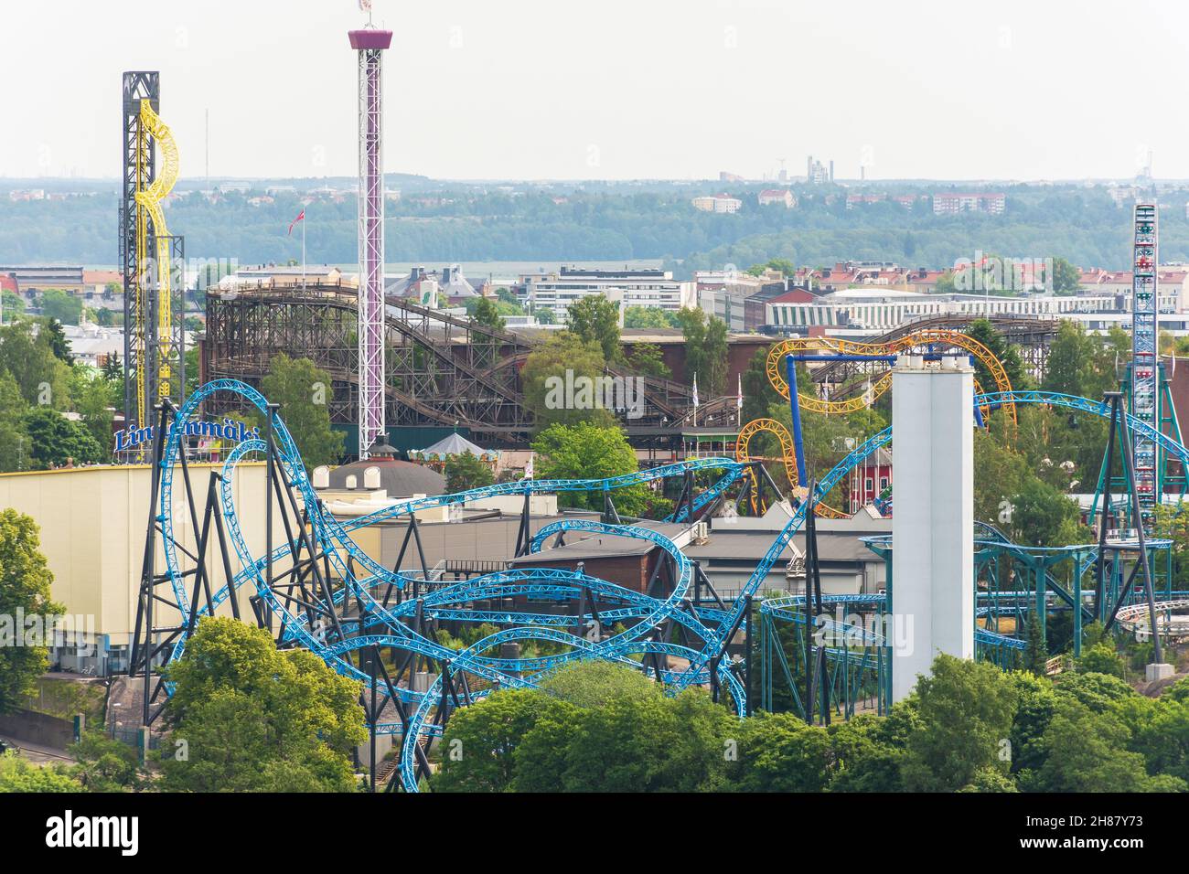 Linnanmäki Amusement park seen from the Olympic Stadium Tower in Helsinki Finland Stock Photo