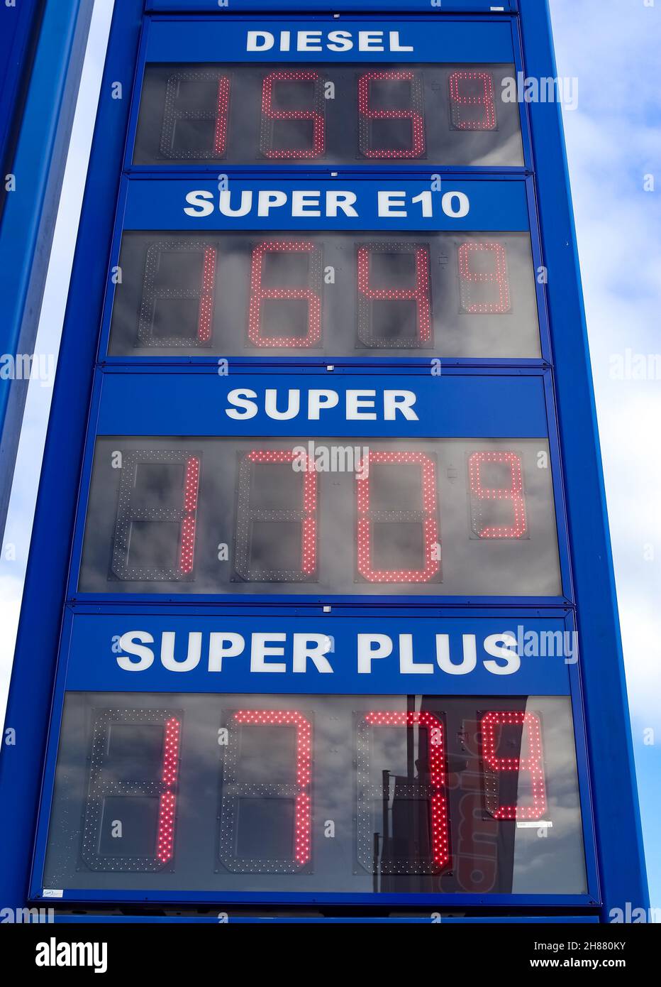 KIEL, GERMANY Oct 28, 2021 A display of very high gasoline prices at a German gas station