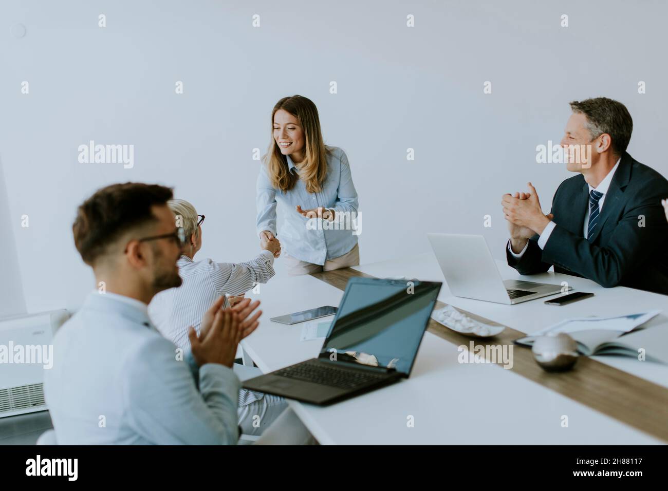 Young business partner explaining project details on a meeting in the office Stock Photo