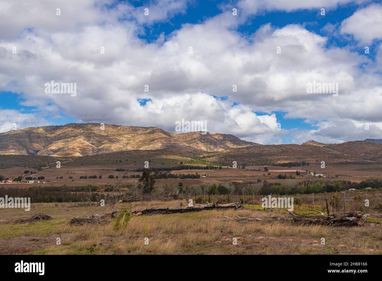 Landscape of farmland and hills in Karoo landscape in Eastern Cape, South Africa. Stock Photo