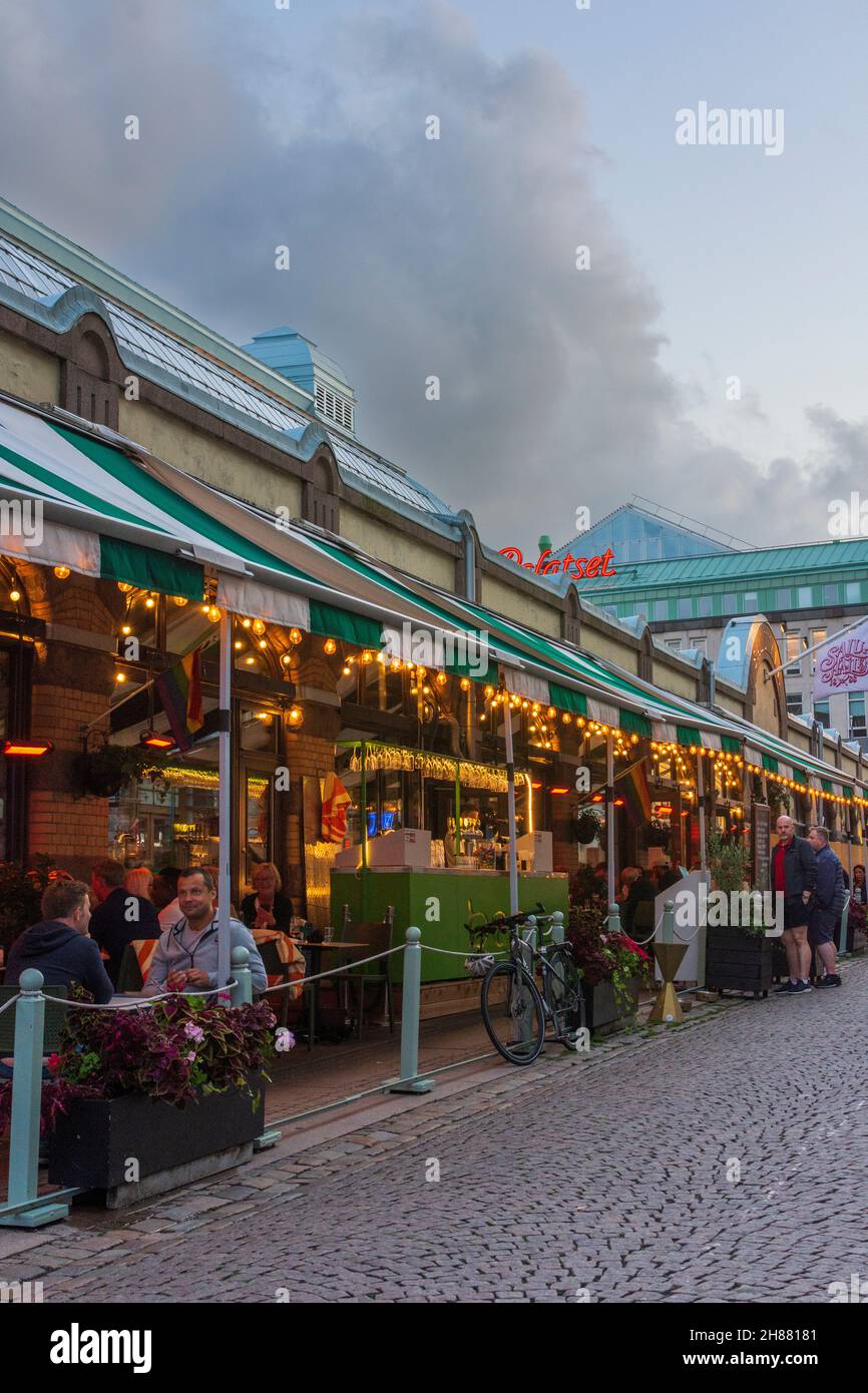 Göteborg, Gothenburg: Saluhallen market hall, outdoor restaurant in , Västra Götalands län, Sweden Stock Photo