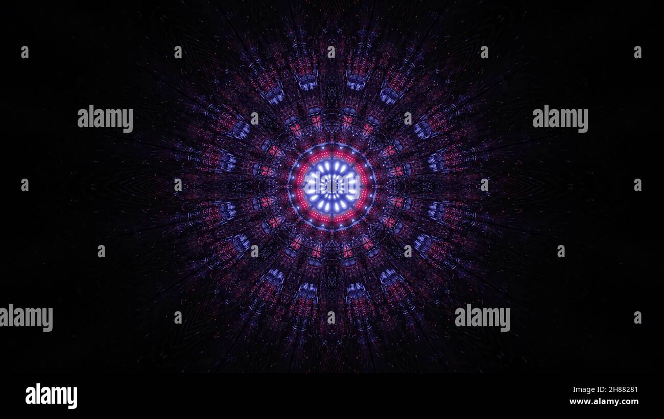 Kaleidoscopic 3d illustration with glowing ornament in dark tunnel in ...