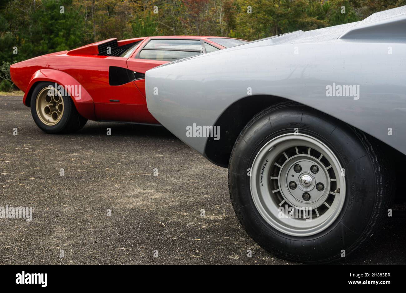 Two Lamborghini Countach sports cars. Silver LP400 and red LP400S classic supercar Stock Photo