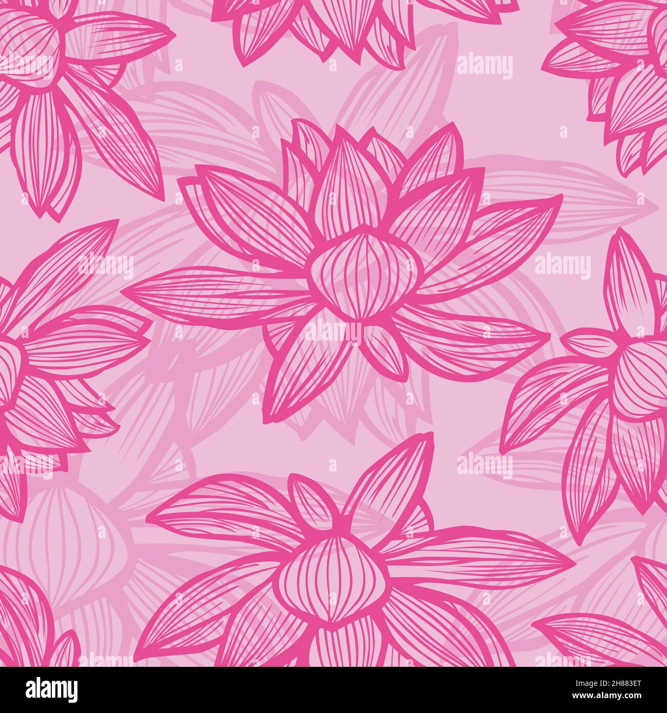 Vector pink lotus flower outlines monochrome repeat pattern 06