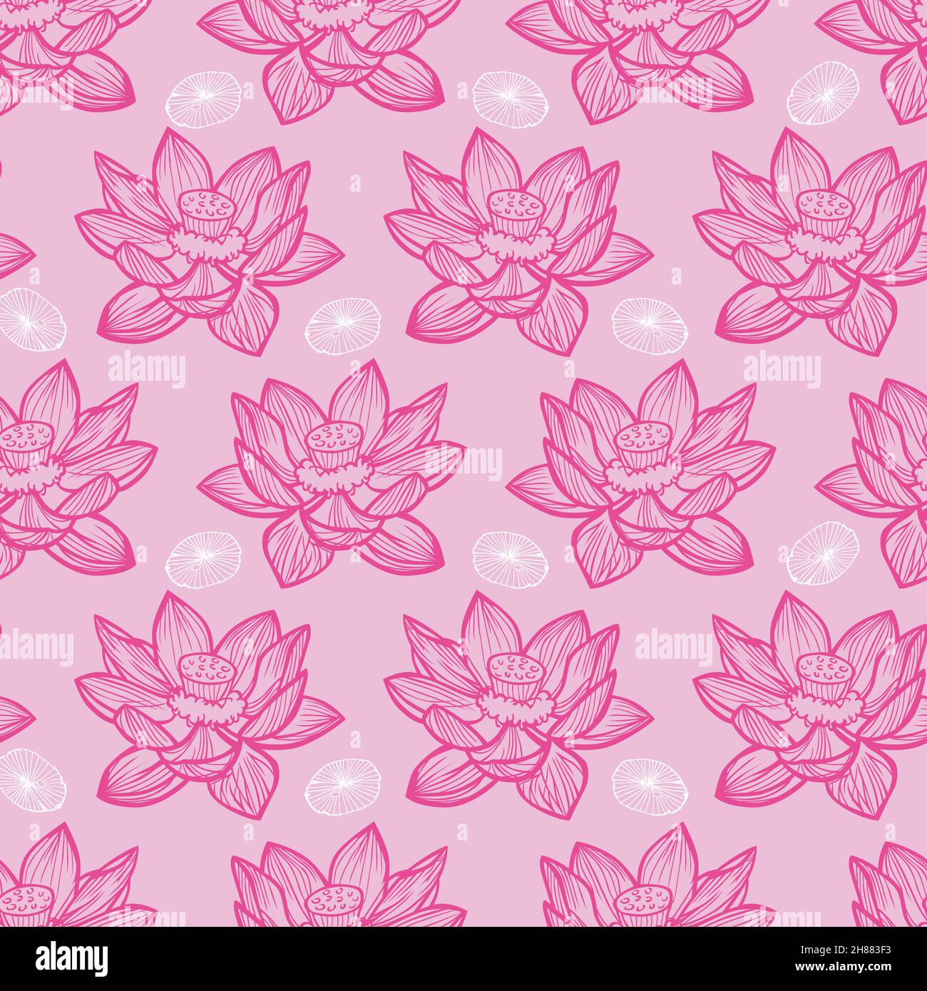 Vector pink rows of lotus flower and lily pads repeat pattern 02. Suitable for textile, gift wrap and wallpaper. Stock Vector