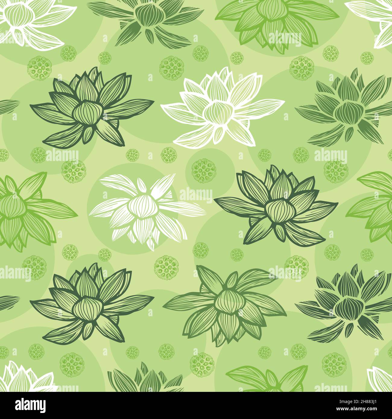 Vector green rows of lotus flower and seed pods repeat pattern 04