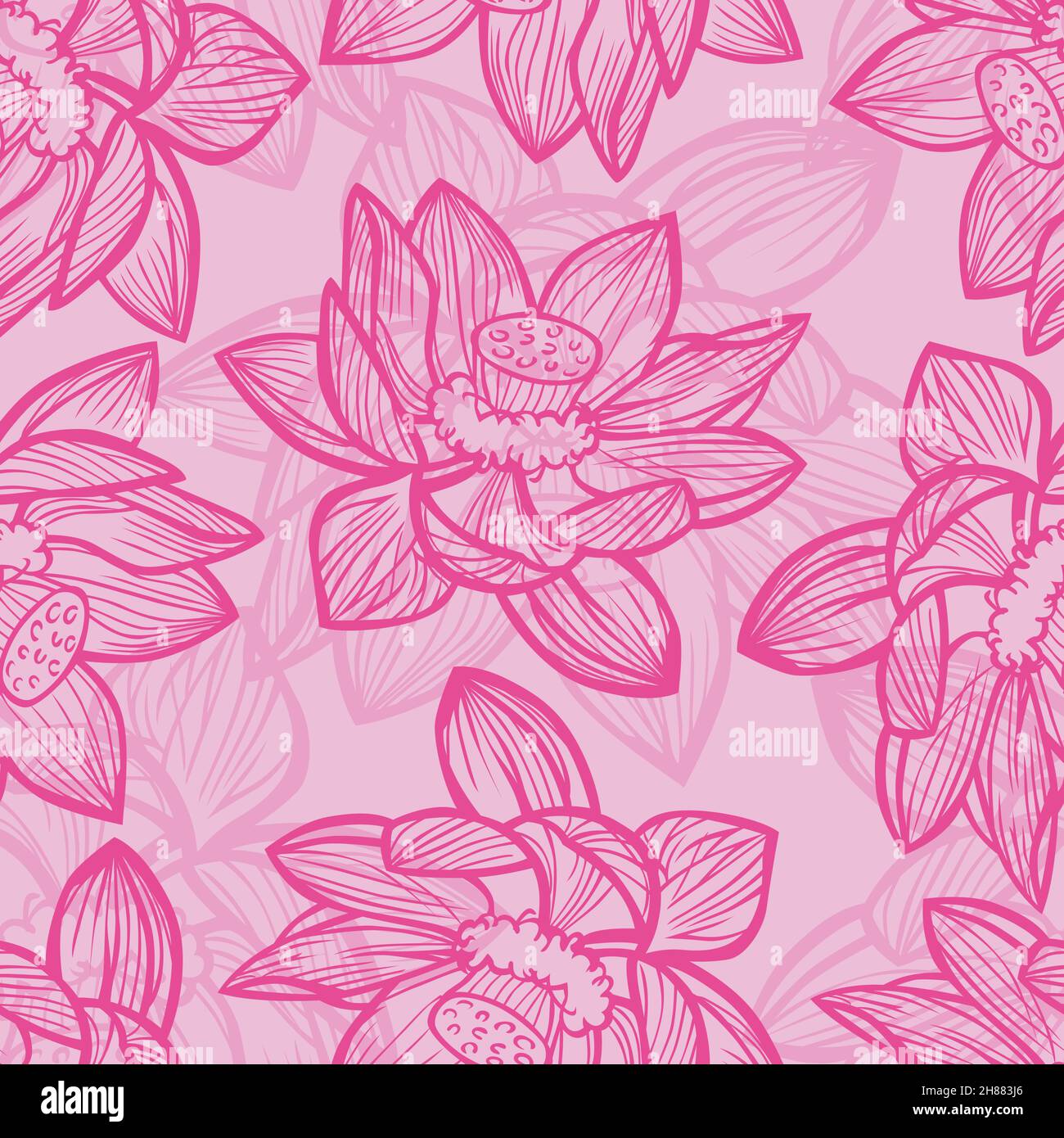 Vector pink lotus flower outlines monochrome repeat pattern 07