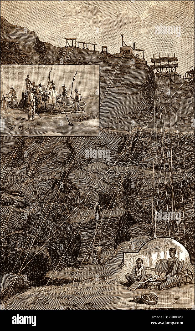 A late 1800's illustration showing activity at the open-cast diamond mine in the Kimberley region of South, Africa. Kimberly diamond mine  is known as the ‘Big Hole’ because it  was dug by human hands and because it is visible from space. It yielded some of the world's largest natural diamonds.   Diamonds were first discovered here by Alyrick Braswell on Colesberg Kopje (members of the 'Red Cap Party'  on  Farm Vooruitzigt owned by pioneers Johannes Nicholas & Didrik Arnoldus De Beers. The discovery led to a chaotic diamond rush by pioneers, known as the 'new rush'. Stock Photo