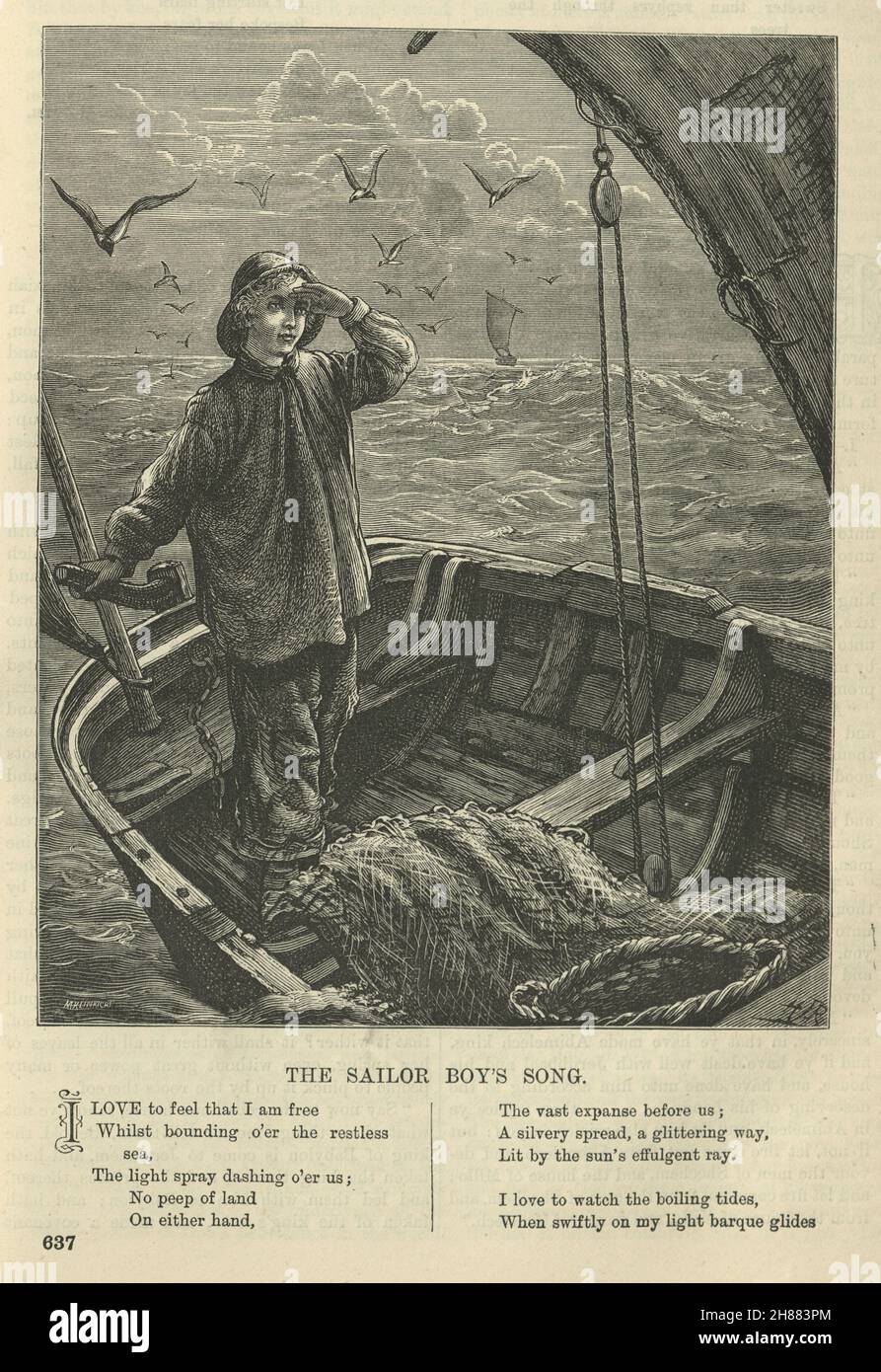 Sailor boys song, Boy sailing a fishing boat, Victorian 1870s, 19th Century Stock Photo