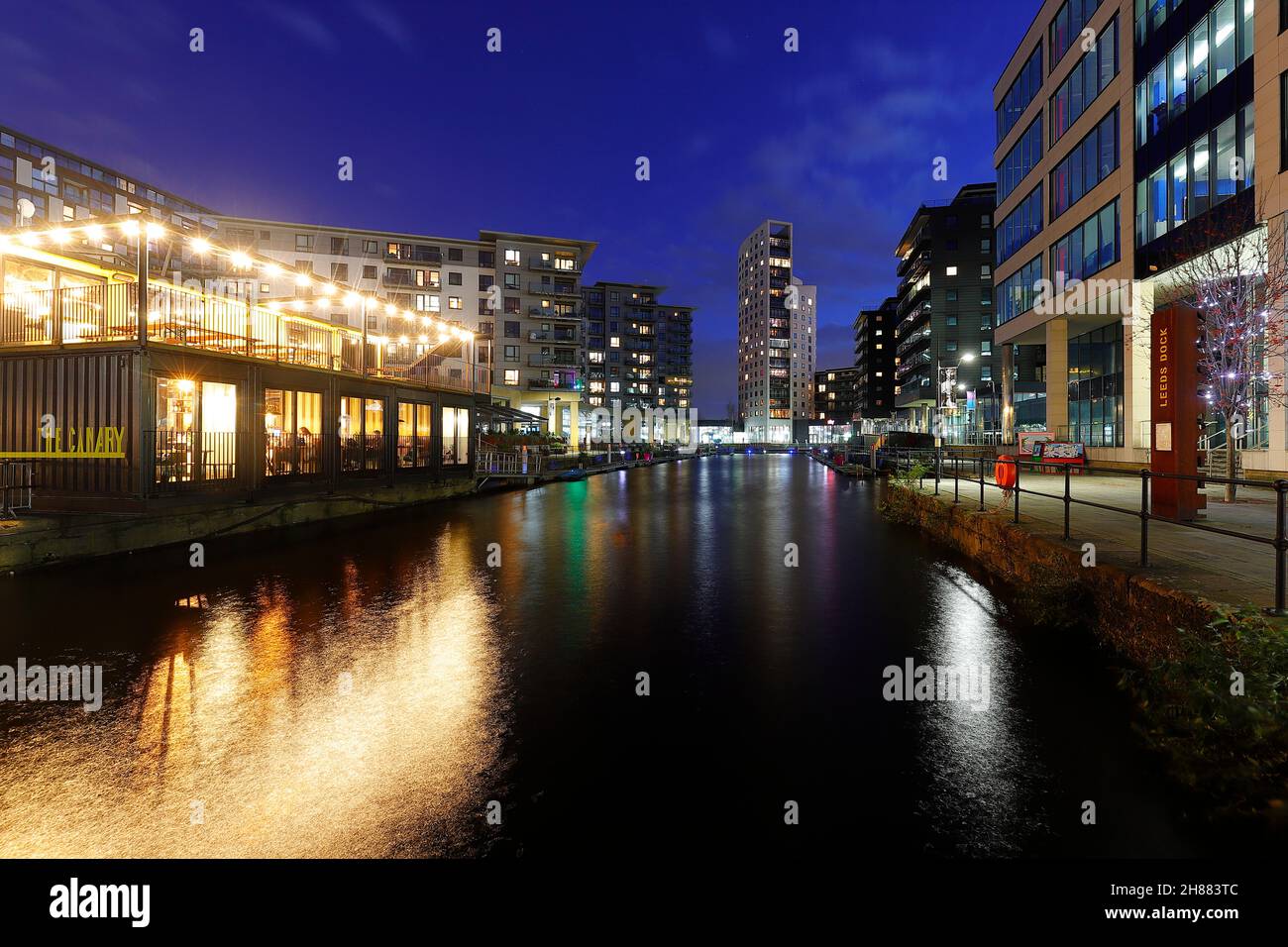 Leeds Dock at night with the new Canary Bar & Kitchen Stock Photo Alamy