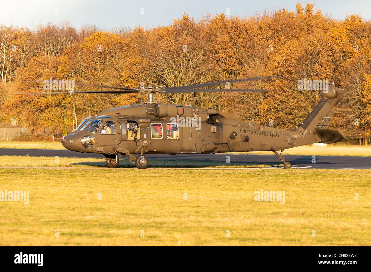 A Sikorsky UH-60 Black Hawk twin-engine utility helicopter of the US Army at the Gilze-Rijen Air Base, The Netherlands. Stock Photo