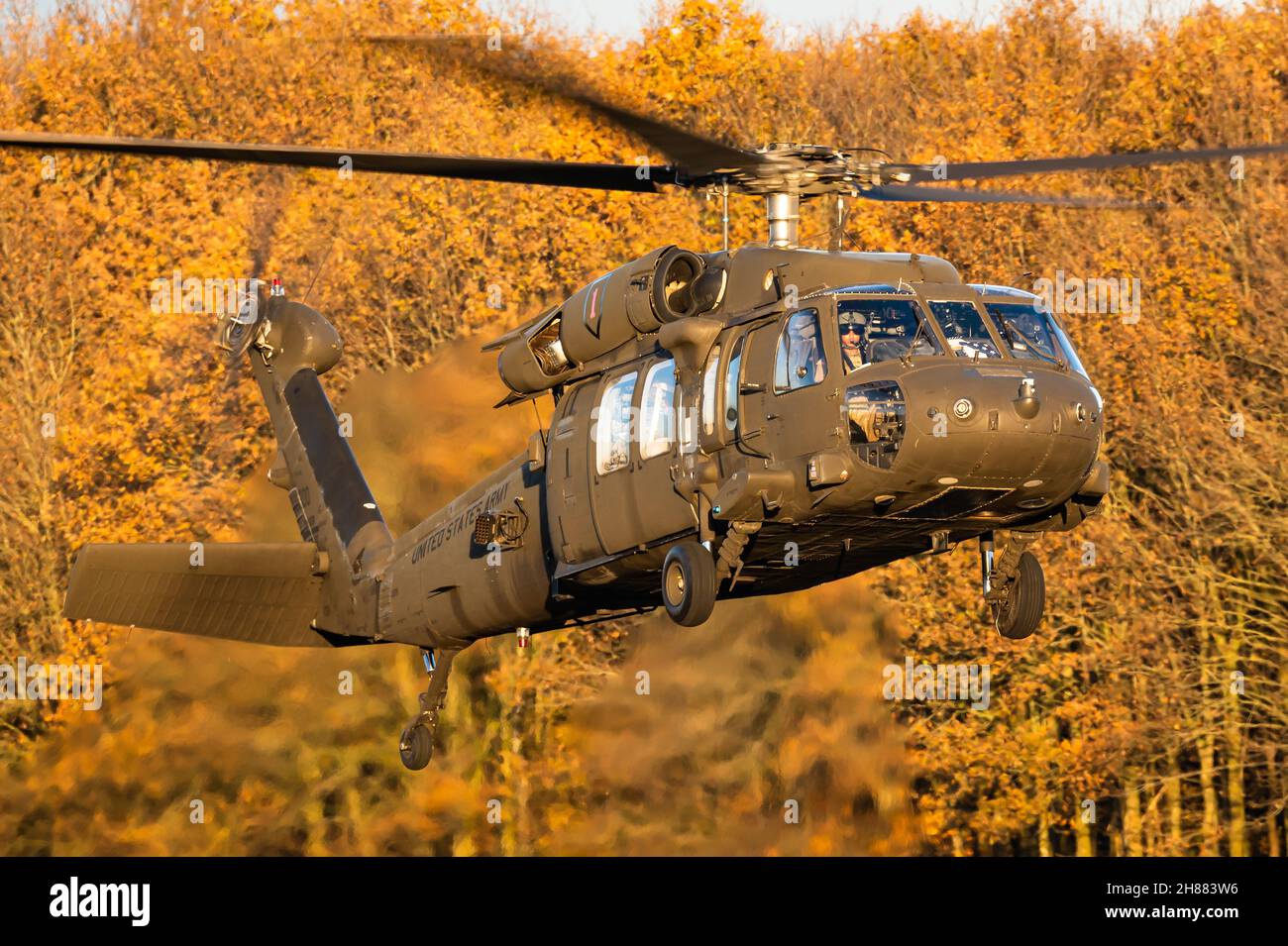 A Sikorsky UH-60 Black Hawk twin-engine utility helicopter of the US Army at the Gilze-Rijen Air Base, The Netherlands. Stock Photo