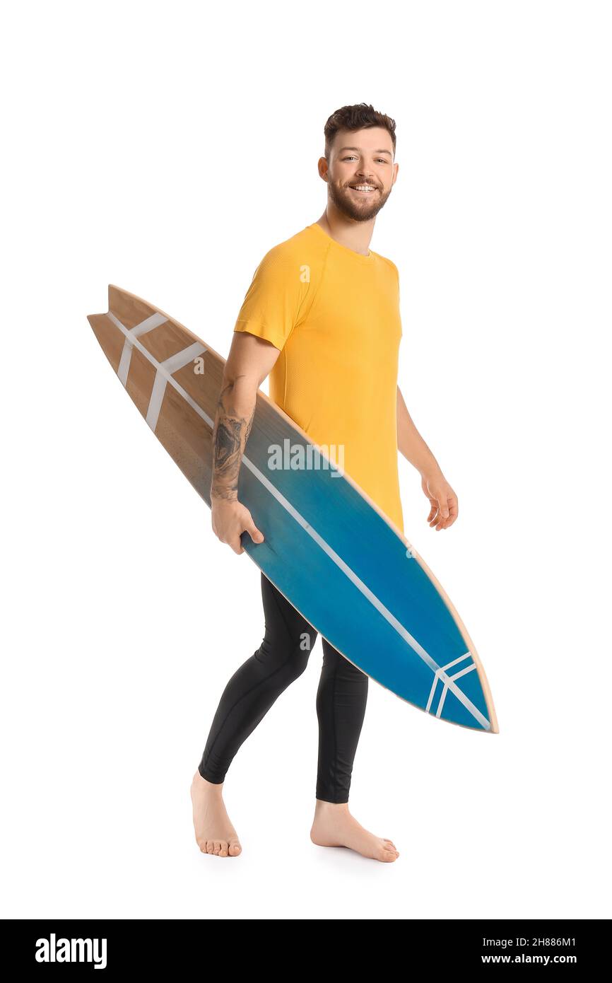 Handsome bearded man with surfboard on white background Stock Photo