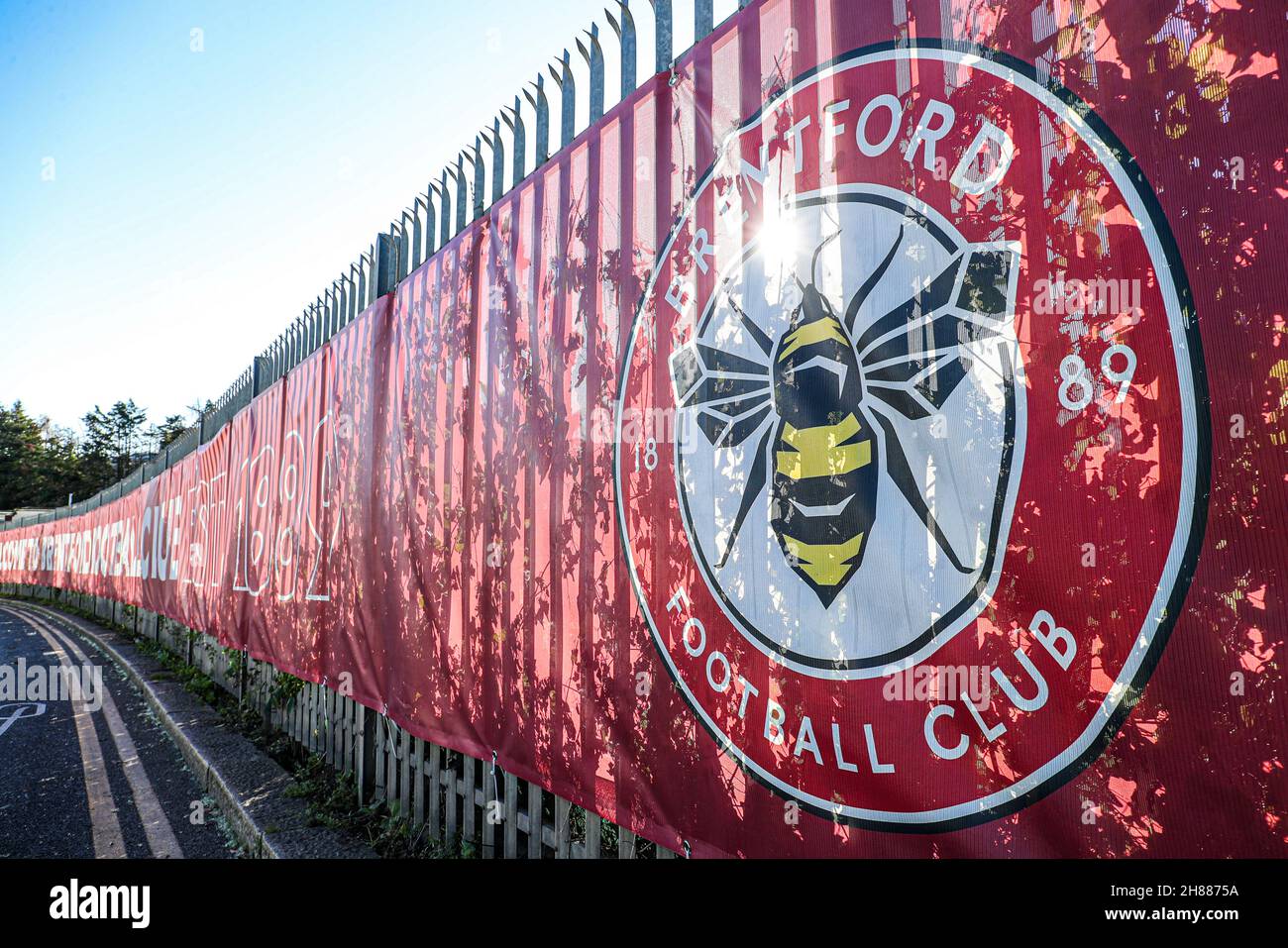 London, UK. 28th Nov, 2021. General view of a Brentford badge outside the ground before the Premier League match at Brentford Community Stadium, London. Picture credit should read: Kieran Cleeves/Sportimage Credit: Sportimage/Alamy Live News Stock Photo