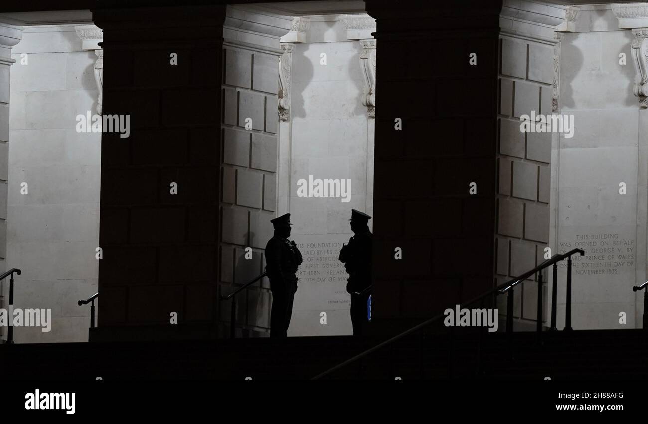Two PSNI officers on duty outside the Stormont buildings in Belfast