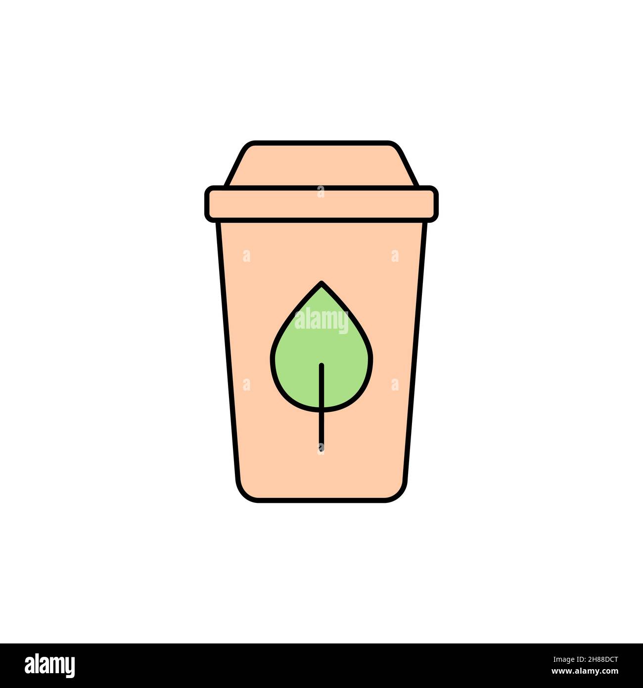 Biodegradable compostable cup color icon. Disposable non toxic paper cup with green leaf. Environmental friendly packaging. Recyclable material. Stock Vector