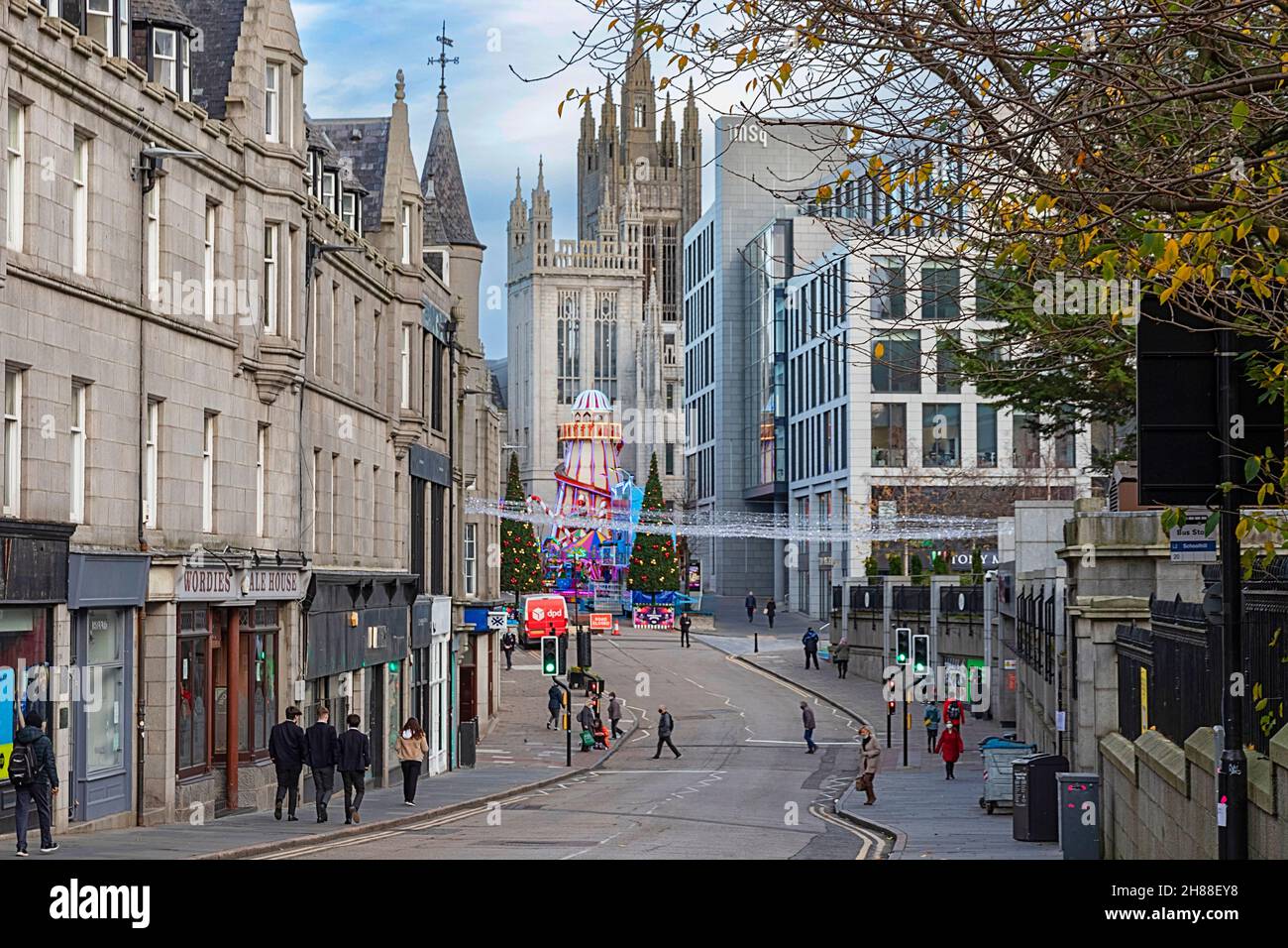 ABERDEEN CITY SCOTLAND UPPERKIRKGATE AND START OF CHRISTMAS FAIR WITH