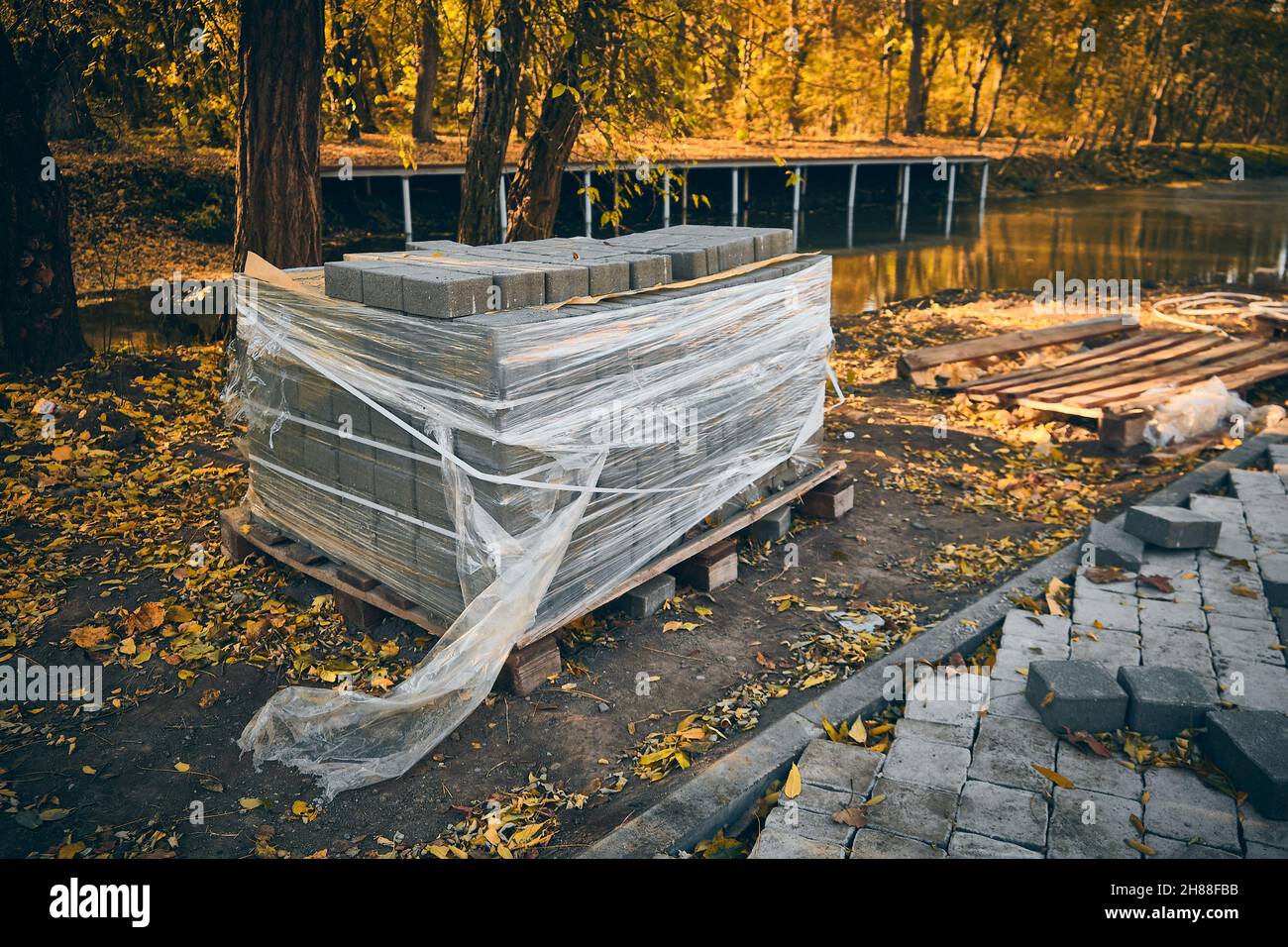 Public park pavement work Stock Photo